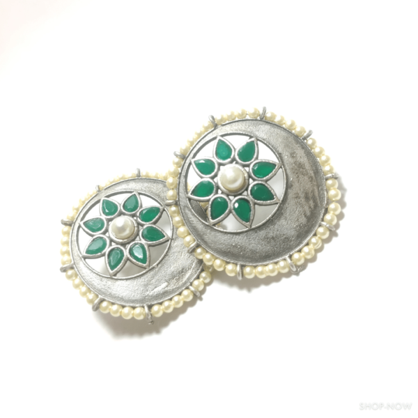 Silver Oxidised Stud Earrings- Green